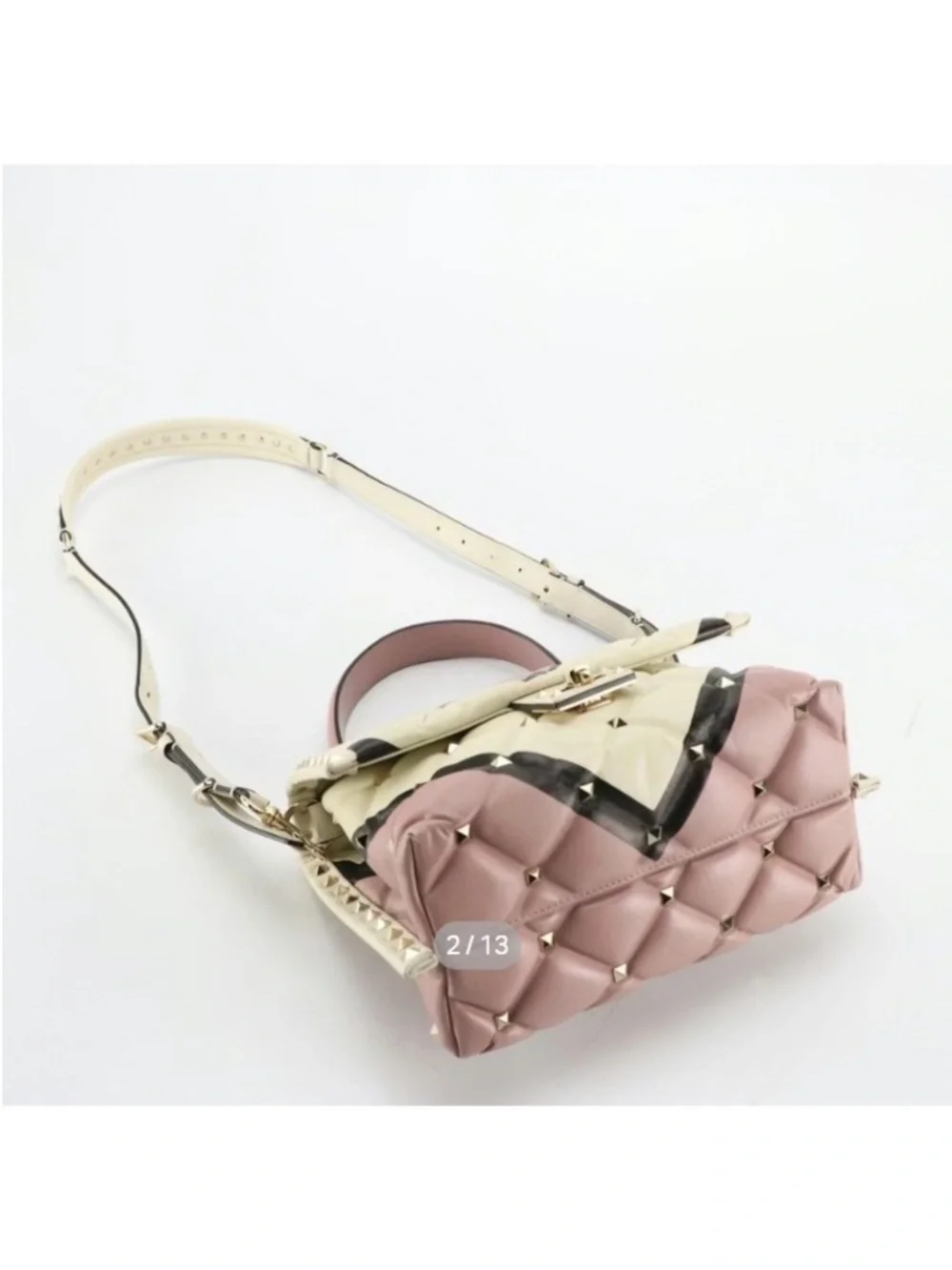 Valentino Garavani Pink, Cream & Black Quilted Rockstud Top Handle Satchel